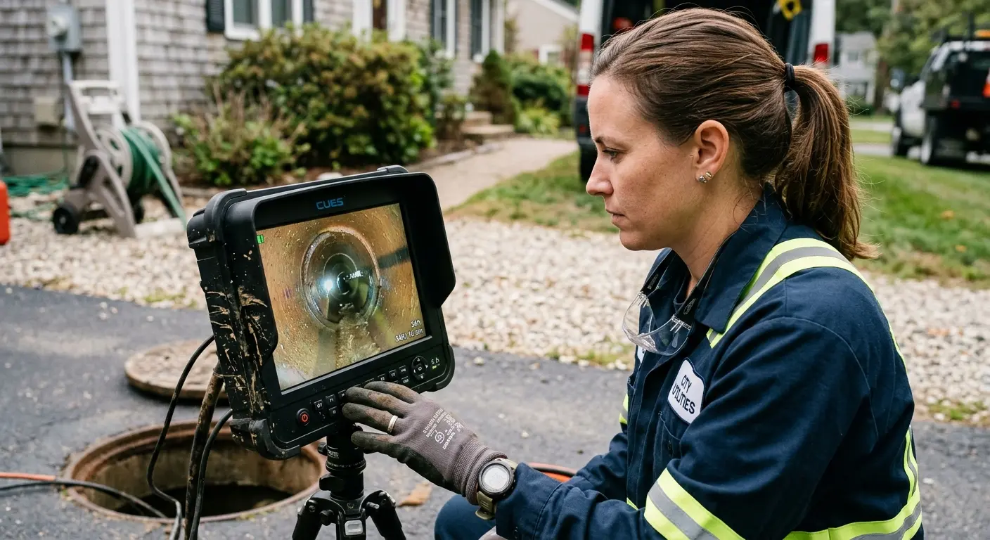 Technician reviewing sewer camera inspection footage in Marrero