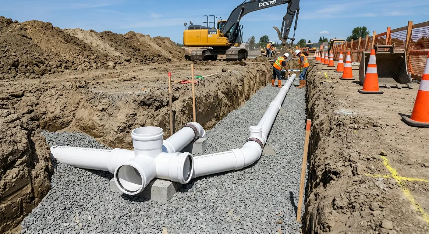 New PVC sewer pipe installation in open trench for Sewer Backup in Marrero