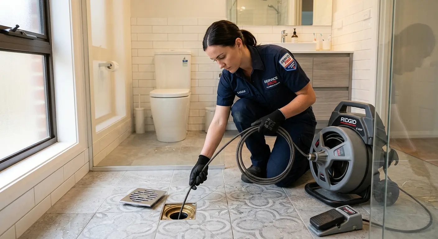Technician clearing a bathroom floor drain for Drain Cleaning in Marrero
